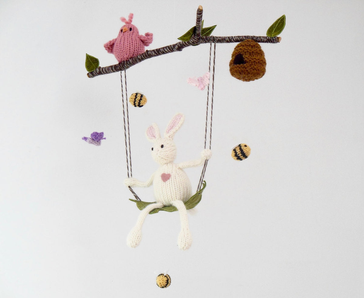 White Bunny Baby Mobile, Knit Bunny on a Swing Nursery Mobile
