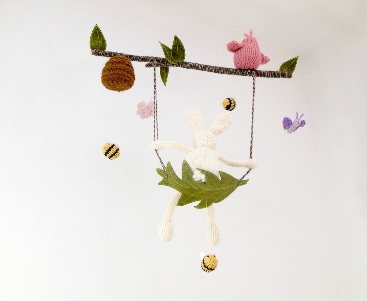 White Bunny Baby Mobile, Knit Bunny on a Swing Nursery Mobile