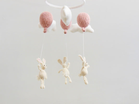Bunny Nursery Baby Mobile, Knit White Bunny Holding Pink Balloon Mobile