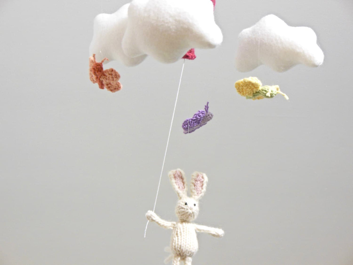White Knit Bunny Holding Balloon with Butterflies Mobile
