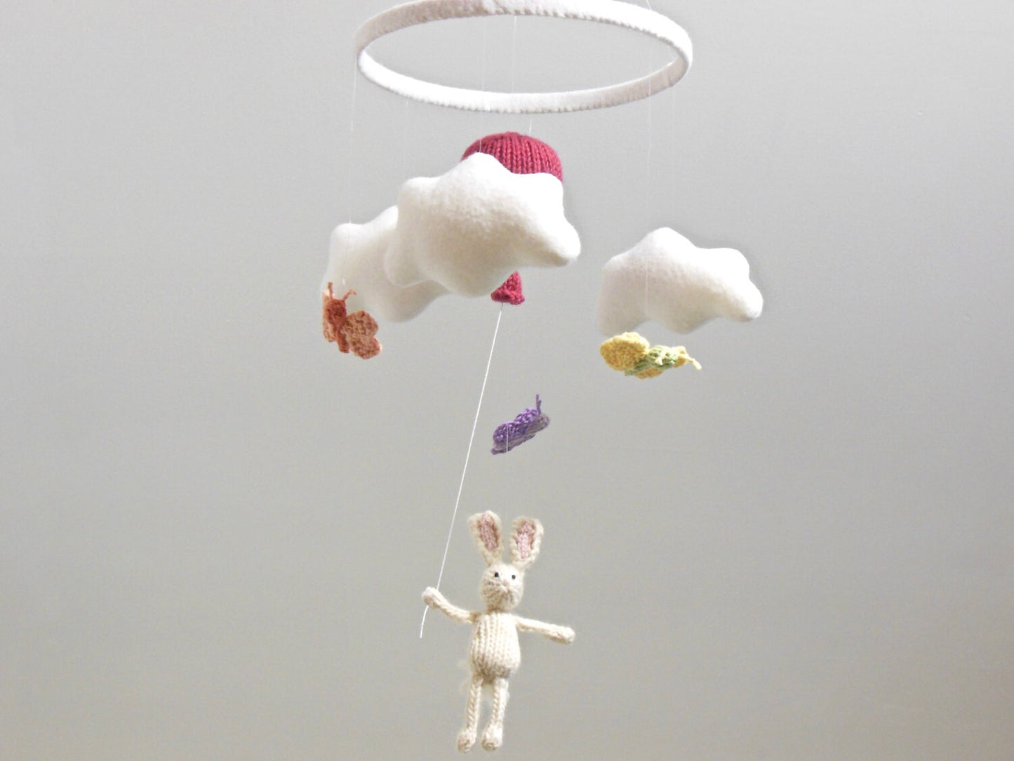 White Knit Bunny Holding Balloon with Butterflies Mobile