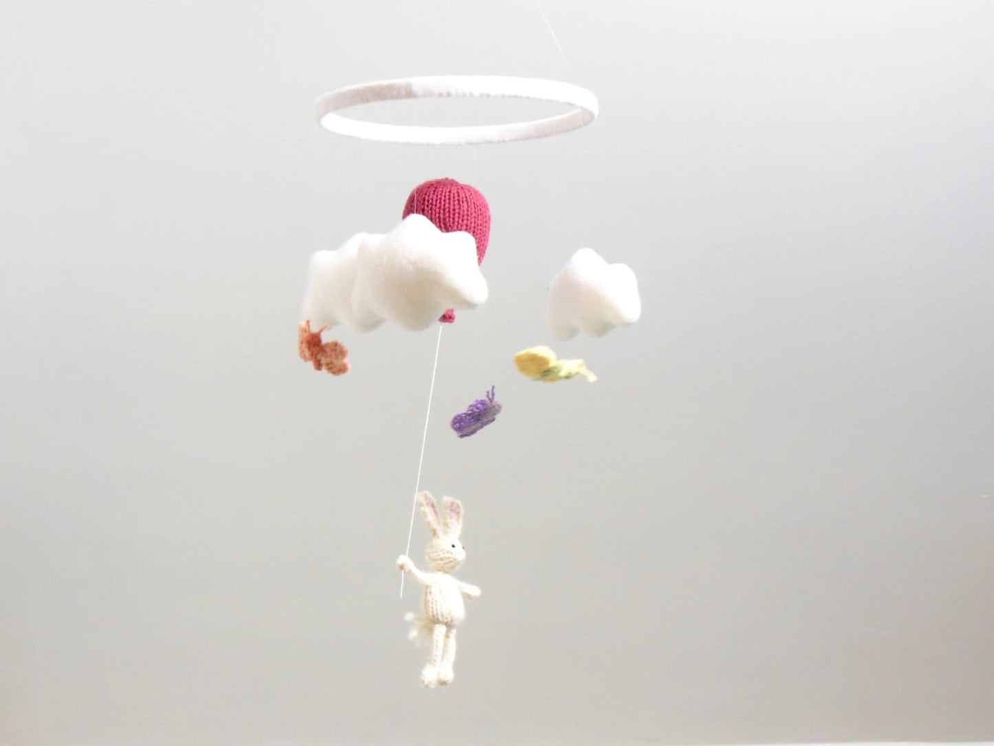 White Knit Bunny Holding Balloon with Butterflies Mobile
