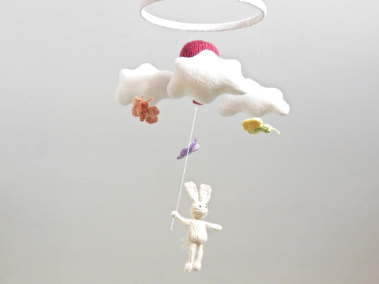 White Knit Bunny Holding Balloon with Butterflies Mobile