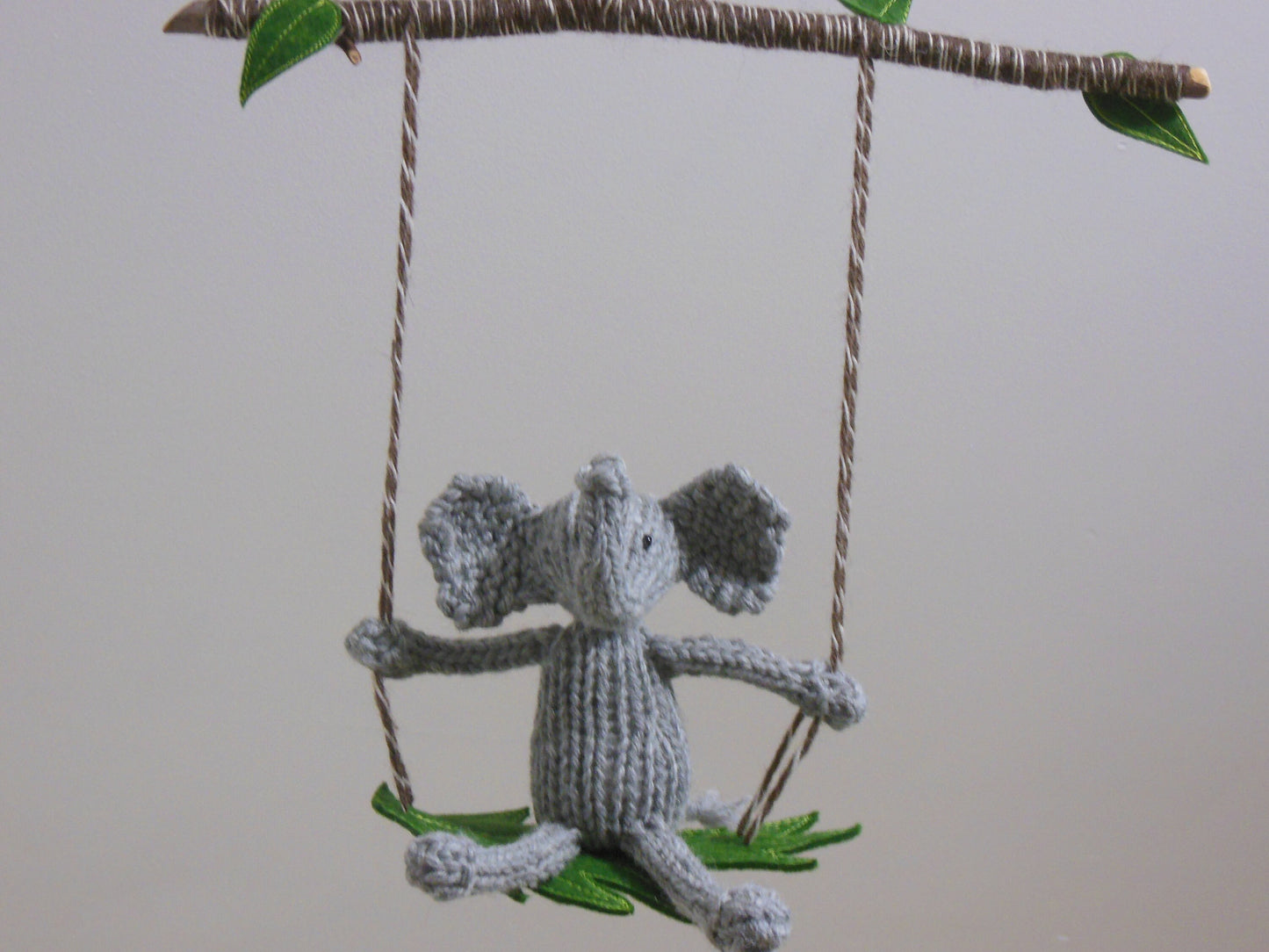 Knit Gray Elephant on a Swing Jungle Baby Mobile