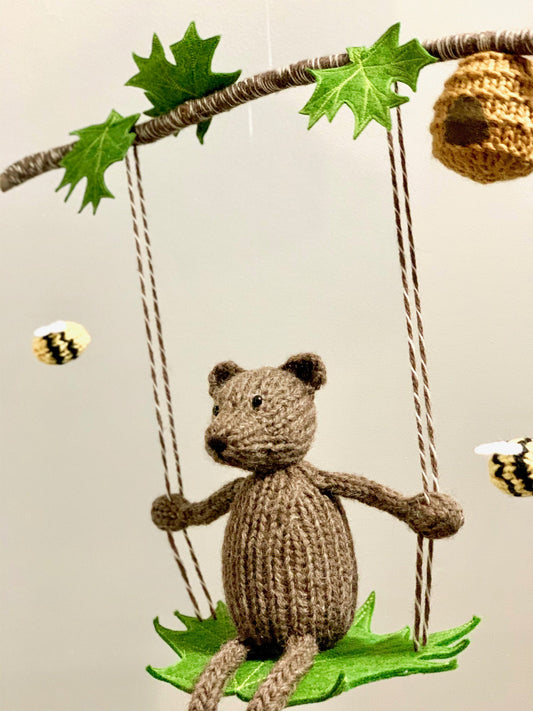 Bear Baby Mobile, Knit Bear and Bee Woodland Nursery Mobile