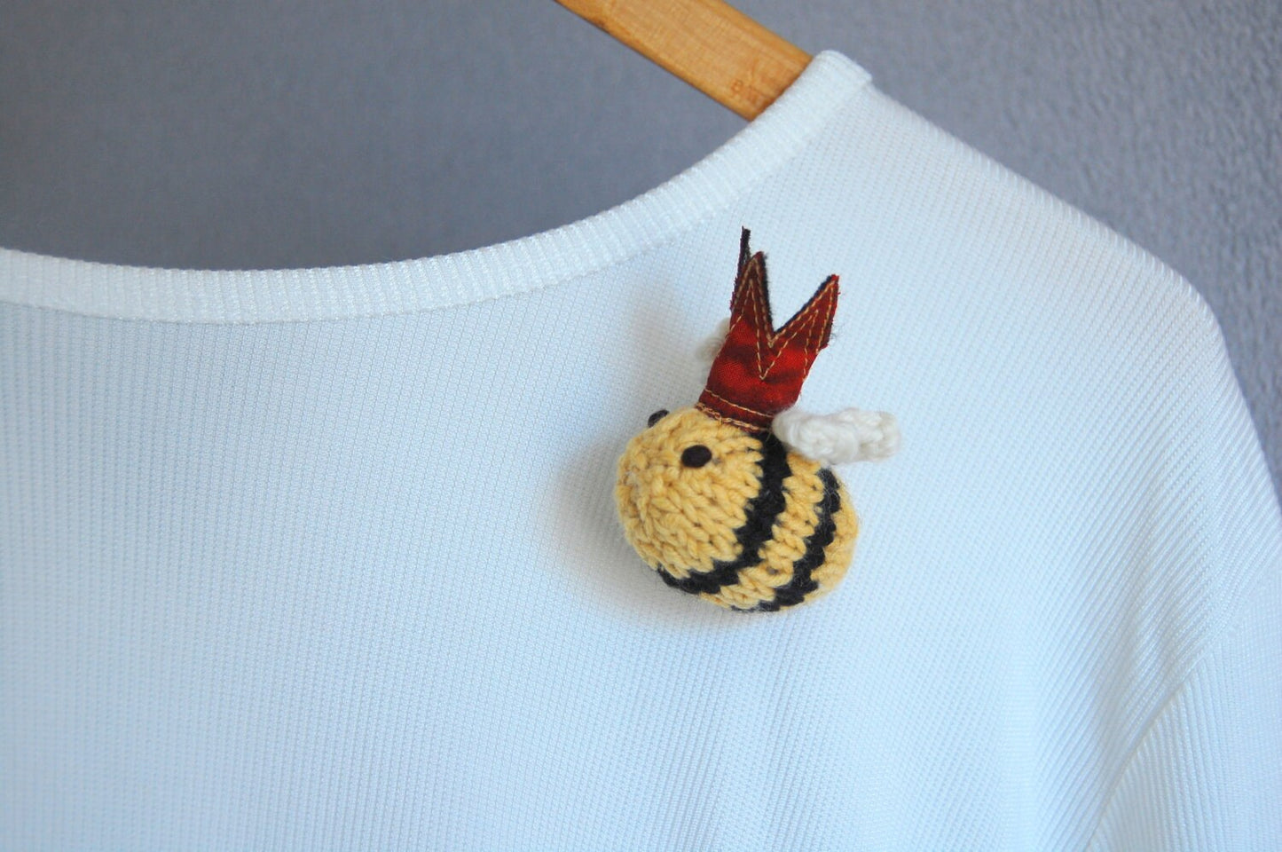 Queen Bee Brooch or Ornament, Knit Wool Bee with Silk Crown Lapel Pin