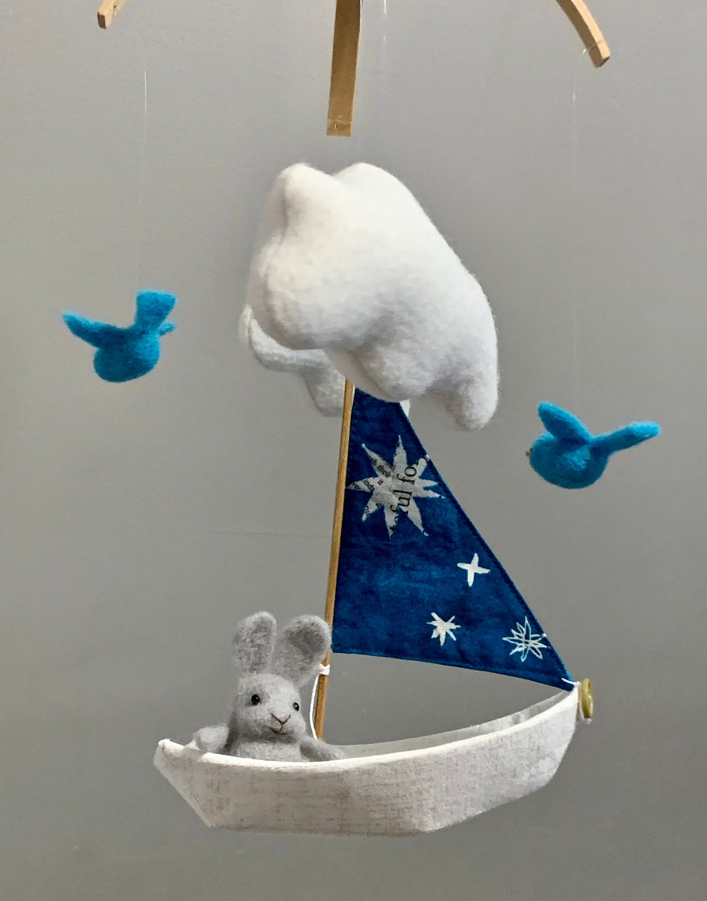 Sailboat Mobile, Needle Felted Gray Bunny, Sailboat Nursery Art, Gender Neutral Boat Nursery Decor