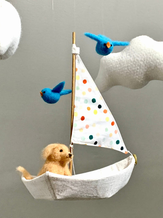 Sailboat Mobile, Golden Retriever Mobile, Sailboat Nursery Art, Gender Neutral Nursery Decor