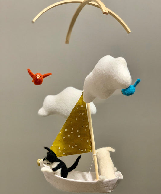 Sailboat Mobile, Dog and Cat Nursery Mobile, Pet Baby Mobile, Sailboat Nursery Art, Gender Neutral Nursery Decor