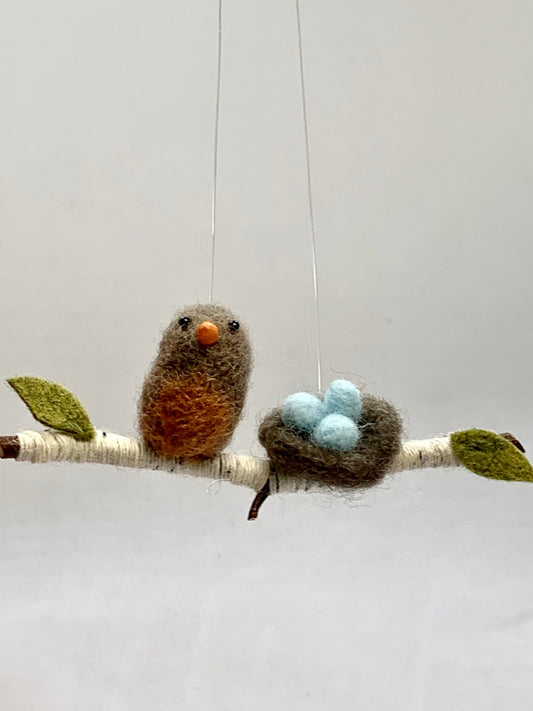 Robin Ornament, Needle Felted Bird Ornament, Robin with Nest Christmas Decor