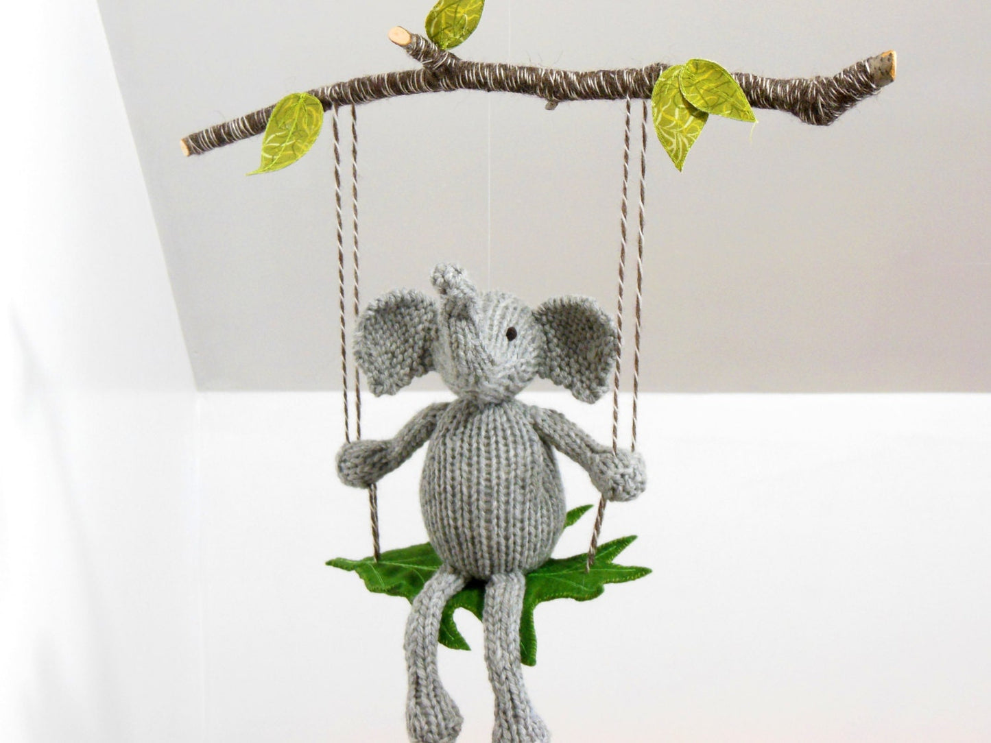 Large Knit Gray Elephant on a Swing Mobile