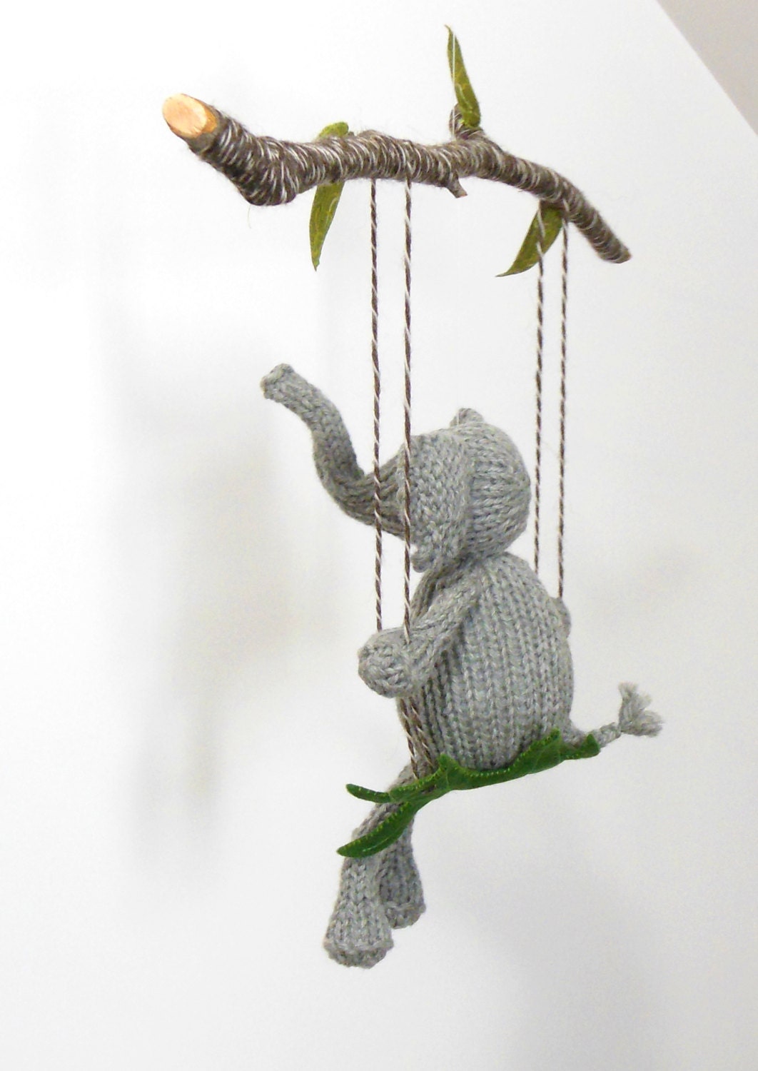 Large Knit Gray Elephant on a Swing Mobile
