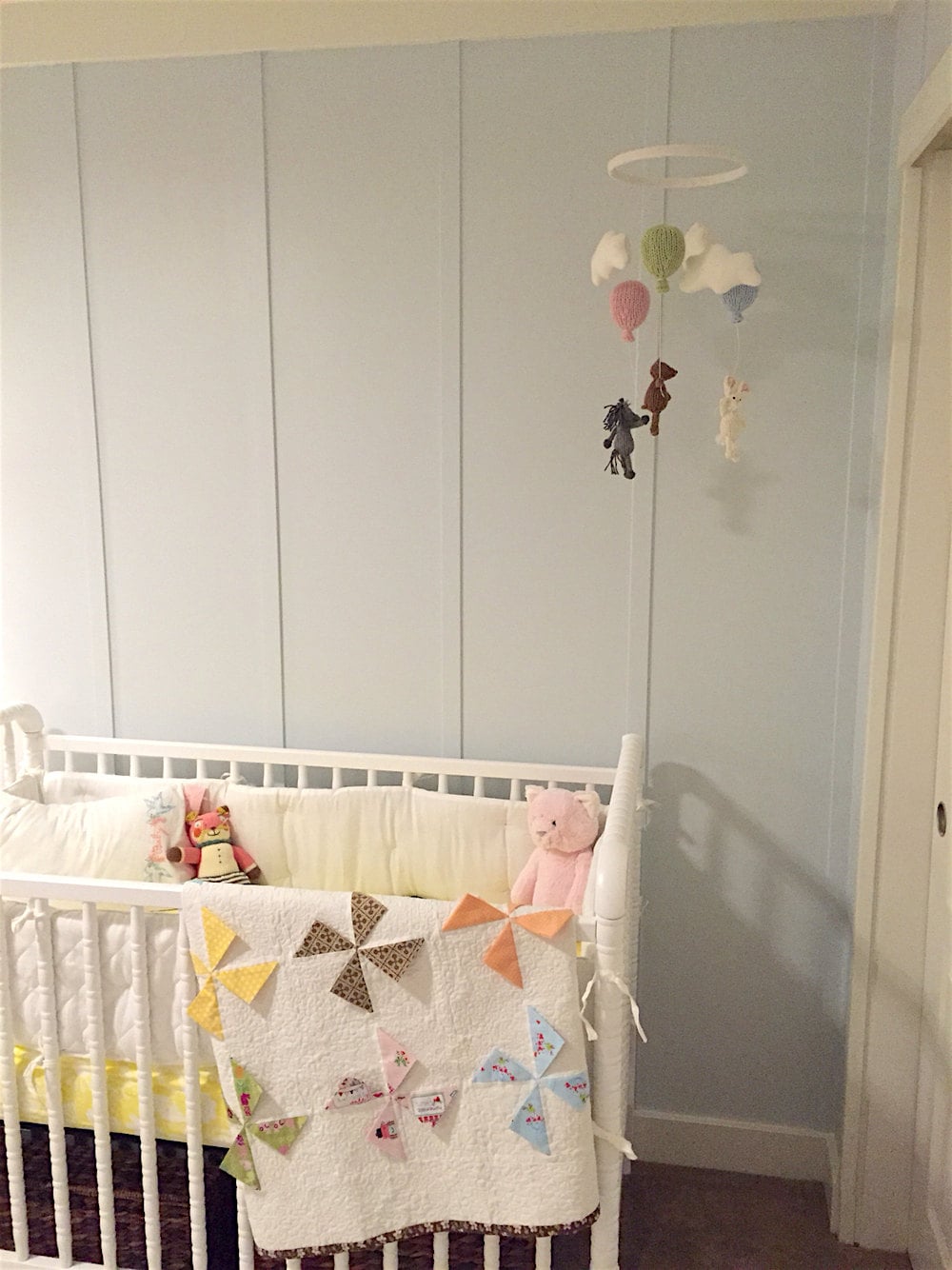 Bunny Nursery Baby Mobile, Knit White Bunny Holding Pink Balloon Mobile