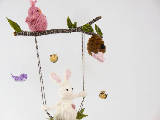 White Bunny Baby Mobile, Knit Bunny on a Swing Nursery Mobile