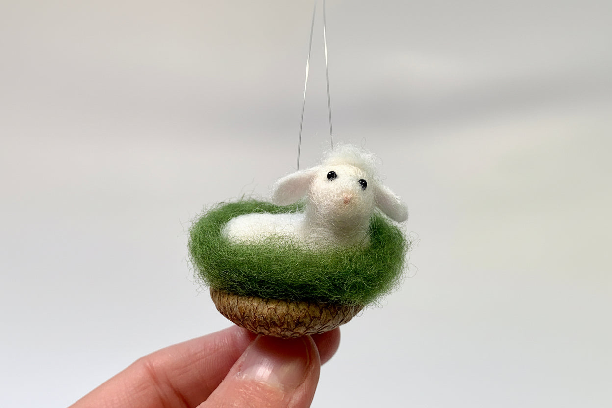 needle felted white lamb nestled in an acorn cap held against a white background