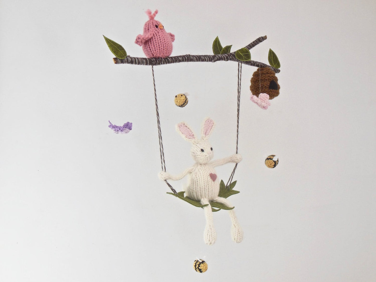 White Bunny Baby Mobile, Knit Bunny on a Swing Nursery Mobile