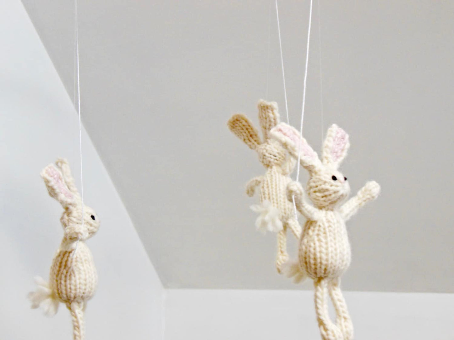 Bunny Nursery Baby Mobile, Knit White Bunny Holding Pink Balloon Mobile