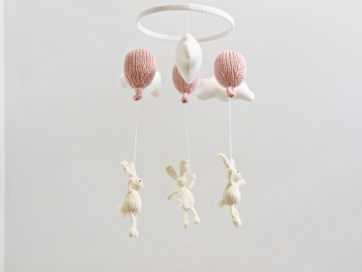 Bunny Nursery Baby Mobile, Knit White Bunny Holding Pink Balloon Mobile