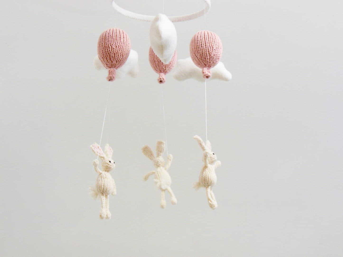 Bunny Nursery Baby Mobile, Knit White Bunny Holding Pink Balloon Mobile