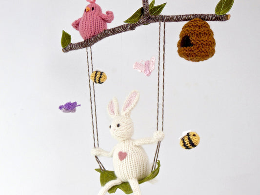 White Bunny Baby Mobile, Knit Bunny on a Swing Nursery Mobile