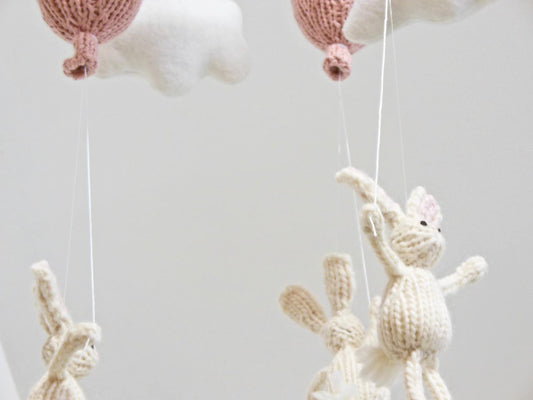 Bunny Nursery Baby Mobile, Knit White Bunny Holding Pink Balloon Mobile