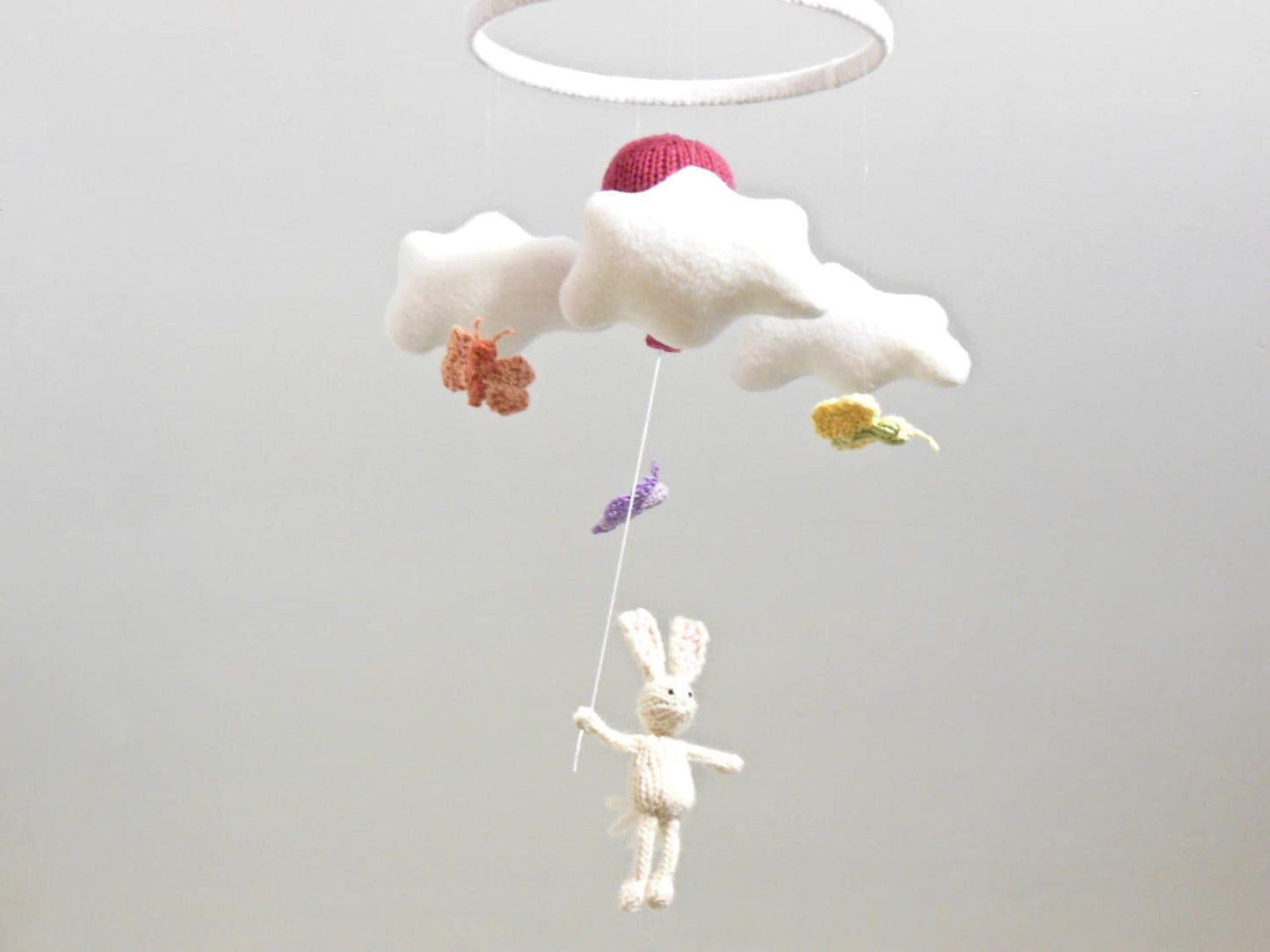 White Knit Bunny Holding Balloon with Butterflies Mobile