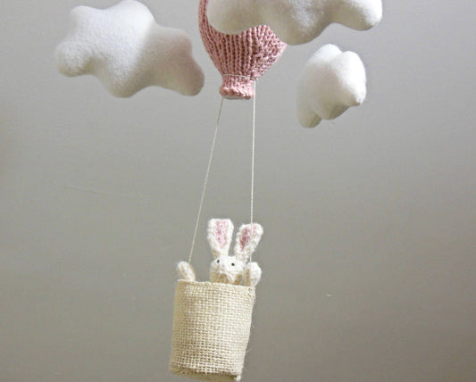 White Bunny in Hot Air Balloon Baby Mobile, Natural Fiber Nursery Decor for Girl