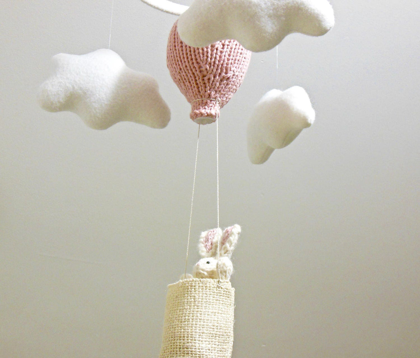 White Bunny in Hot Air Balloon Baby Mobile, Natural Fiber Nursery Decor for Girl