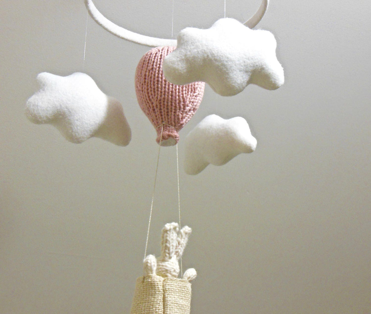 White Bunny in Hot Air Balloon Baby Mobile, Natural Fiber Nursery Decor for Girl