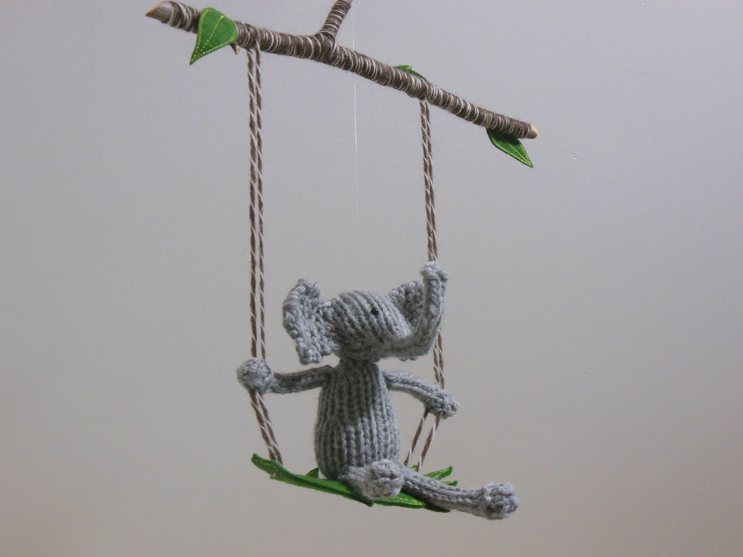 Knit Gray Elephant on a Swing Jungle Baby Mobile