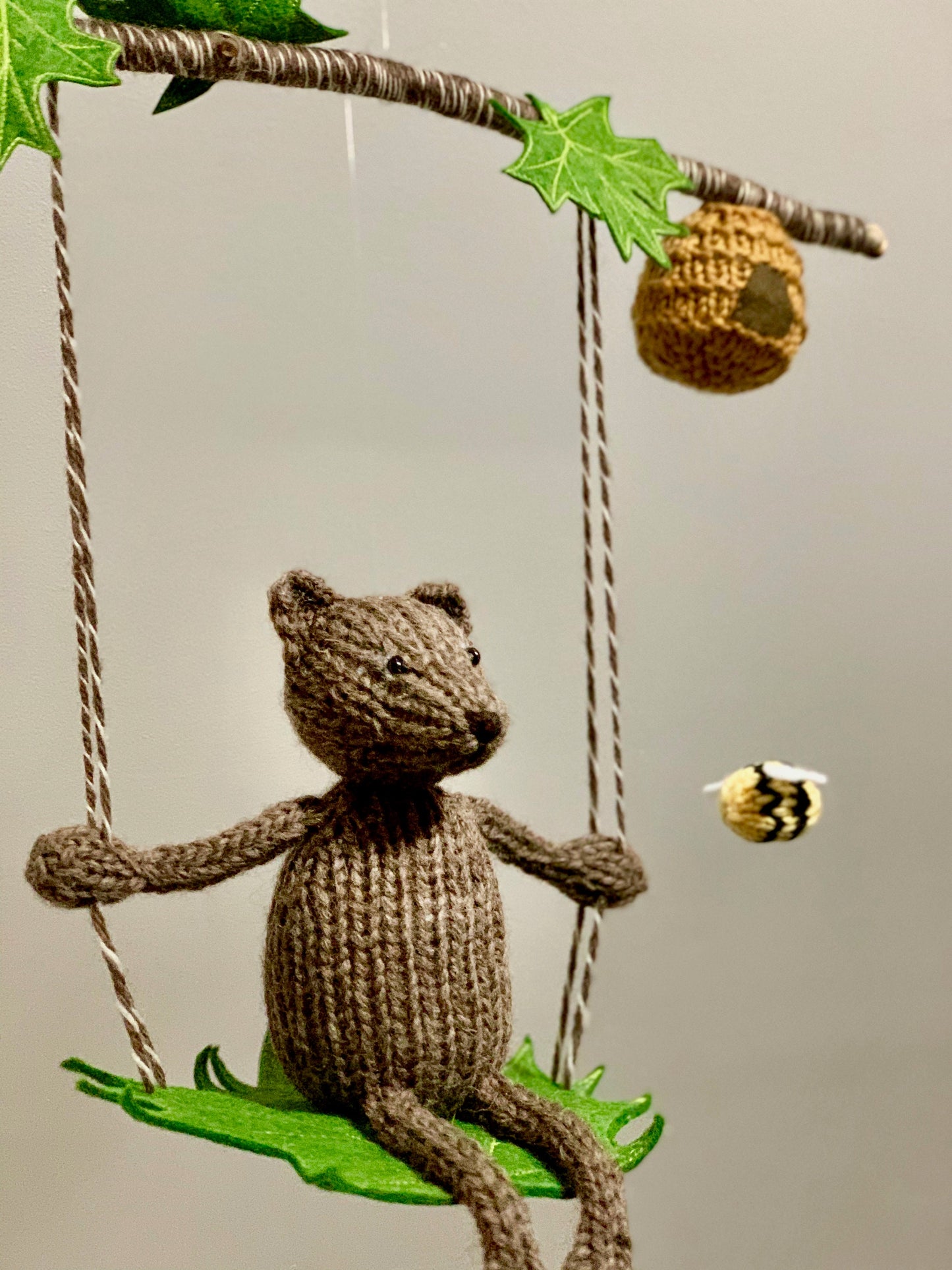 Bear Baby Mobile, Knit Bear and Bee Woodland Nursery Mobile