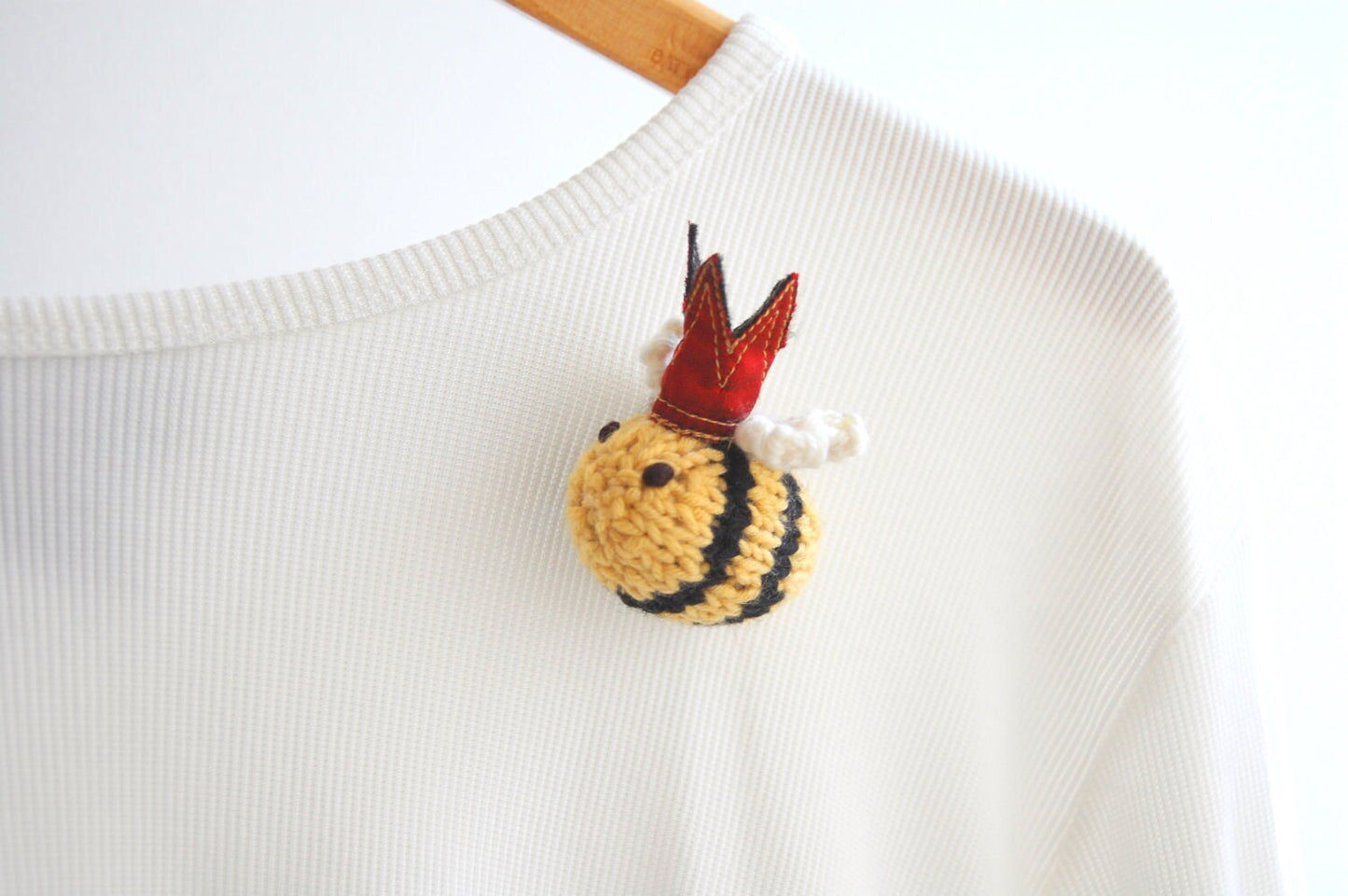 Queen Bee Brooch or Ornament, Knit Wool Bee with Silk Crown Lapel Pin