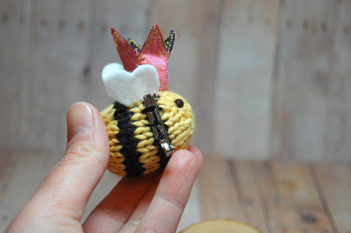 Queen Bee Brooch or Ornament, Knit Wool Bee with Silk Crown Lapel Pin