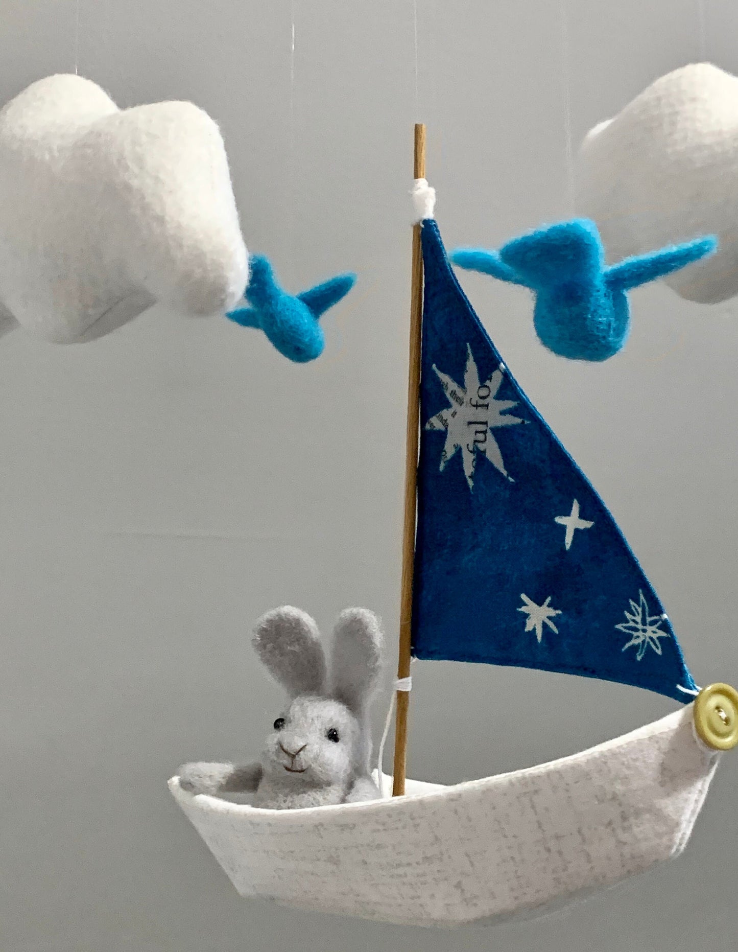 Sailboat Mobile, Needle Felted Gray Bunny, Sailboat Nursery Art, Gender Neutral Boat Nursery Decor