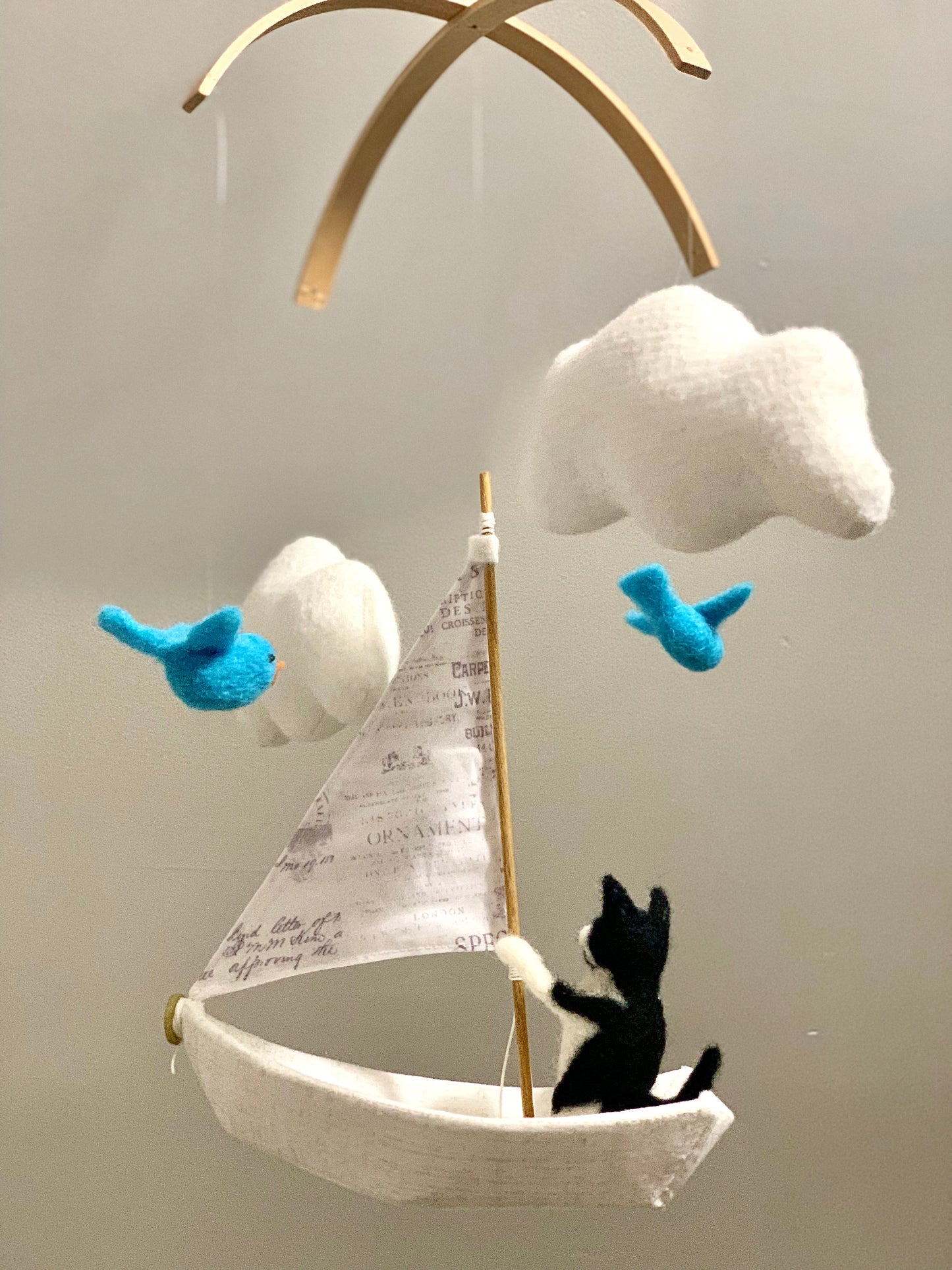 Sailboat Mobile, Cat Nursery Mobile, Pet Baby Mobile, Sailboat Nursery Art, Gender Neutral Nursery Decor