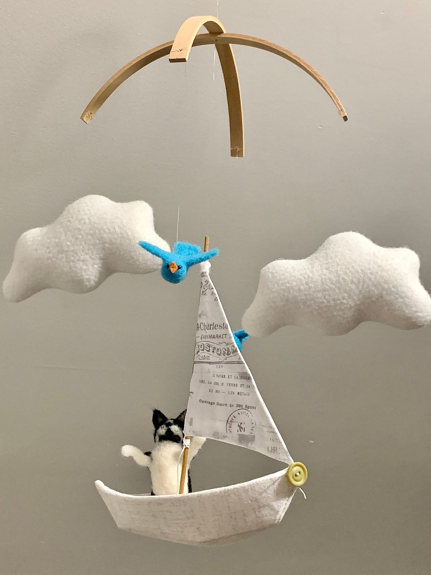 Sailboat Mobile, Cat Nursery Mobile, Pet Baby Mobile, Sailboat Nursery Art, Gender Neutral Nursery Decor