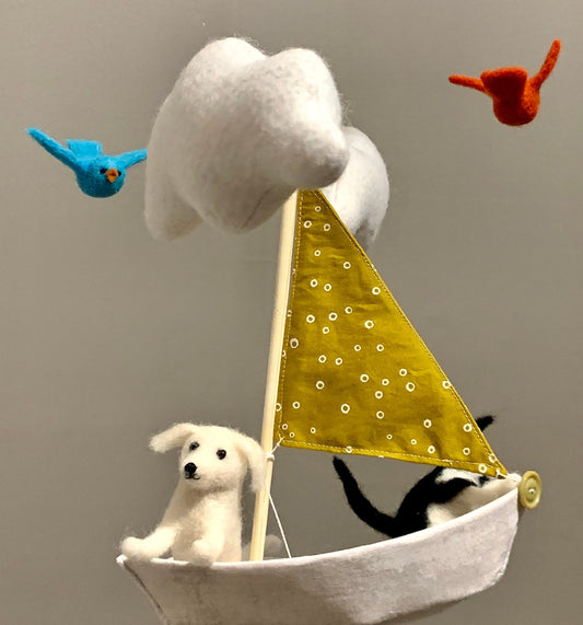 Sailboat Mobile, Dog and Cat Nursery Mobile, Pet Baby Mobile, Sailboat Nursery Art, Gender Neutral Nursery Decor