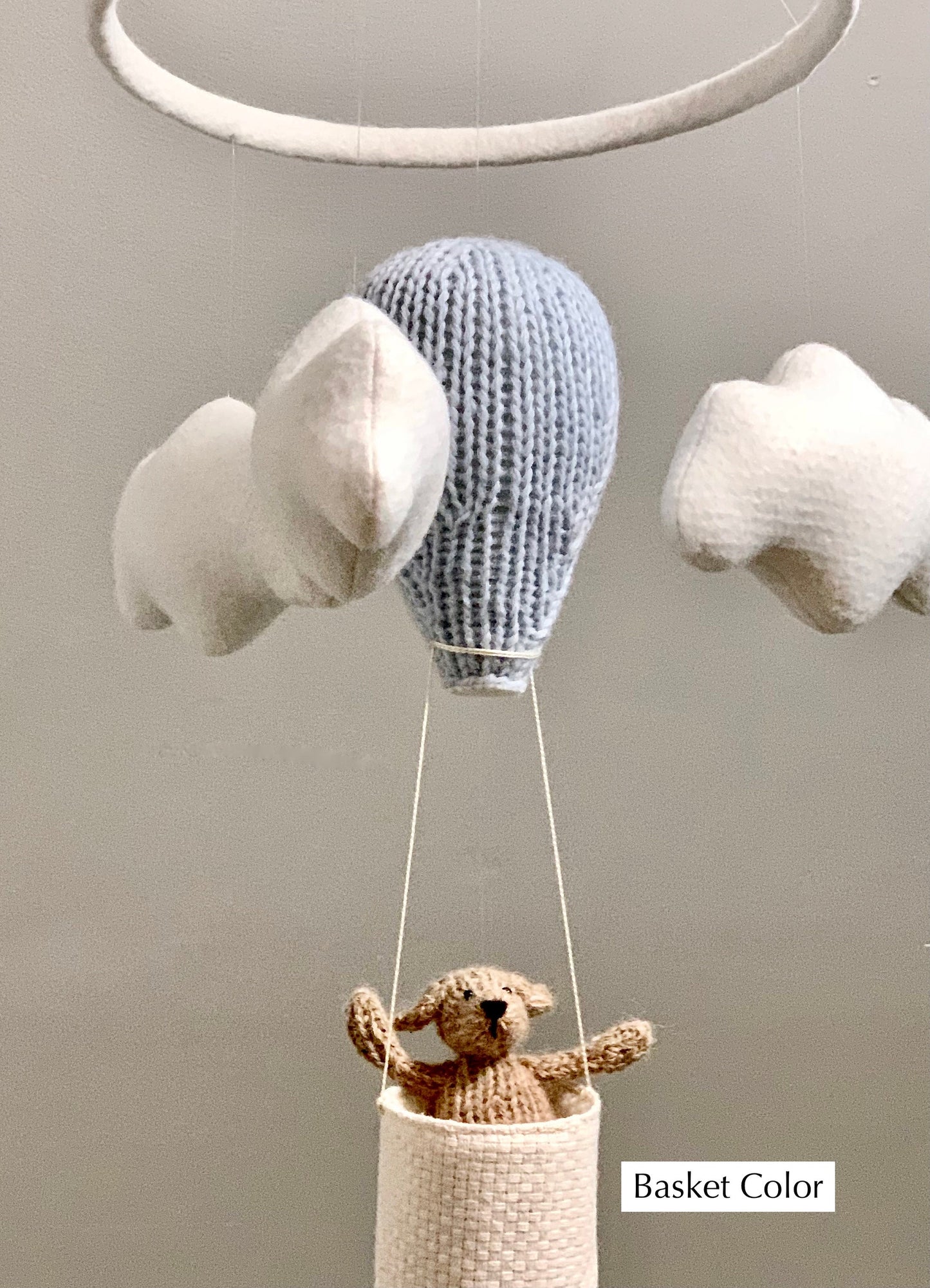 White Bunny in Hot Air Balloon Baby Mobile, Natural Fiber Nursery Decor for Girl