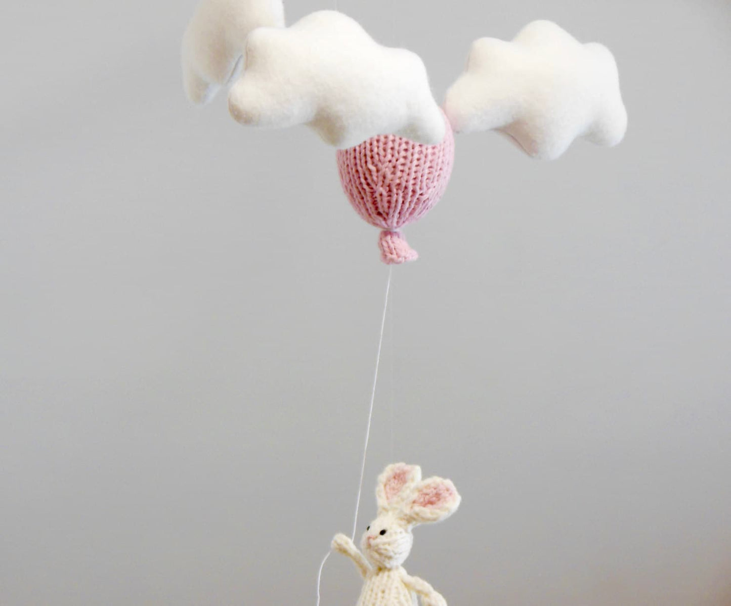 White Knit Bunny Holding Balloon with Butterflies Mobile